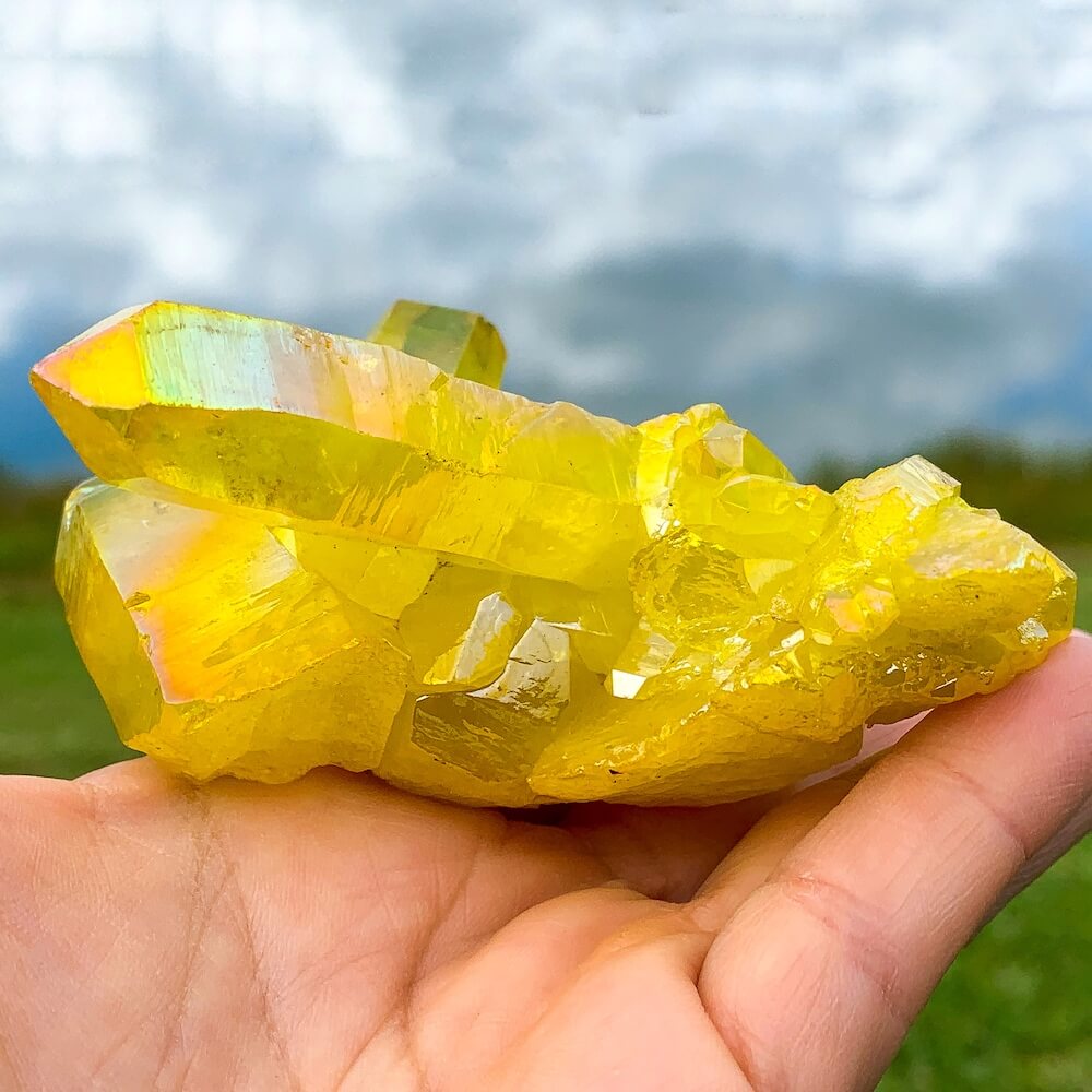 Looking for Rare Beautiful Yellow flame Aura Quartz Crystal cluster? Show at Magic Crystals for yellow gemstone clusters. AURA QUARTZ in color Sunshine Yellow - Large - Rainbow Quartz Crystal. Crystal Cluster and spirit Quartz, Metaphysical perfect for Crystal Decor. FREE SHIPPING AVAILABLE