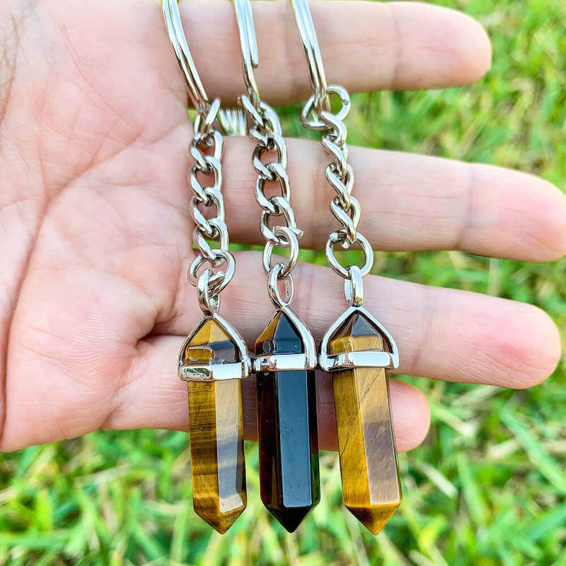 Double-Point-Keychain. Tiger Eye Natural Stone Keychain. Tiger Eye may also bring good luck to the wearer. Tiger Eye Stone Single Point Keychain, Point Keychains at Magic crystals. Crystal Keychain, Pet Collar Charm, Bag Accessory, natural stone, crystal on the go, keychain charm, gift for her and him. 