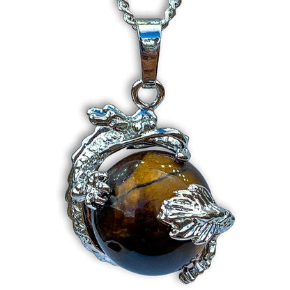 Yellow Tiger Eye Sphere Dragon Pendant Necklace - Dragon Necklace - Magic Crystals