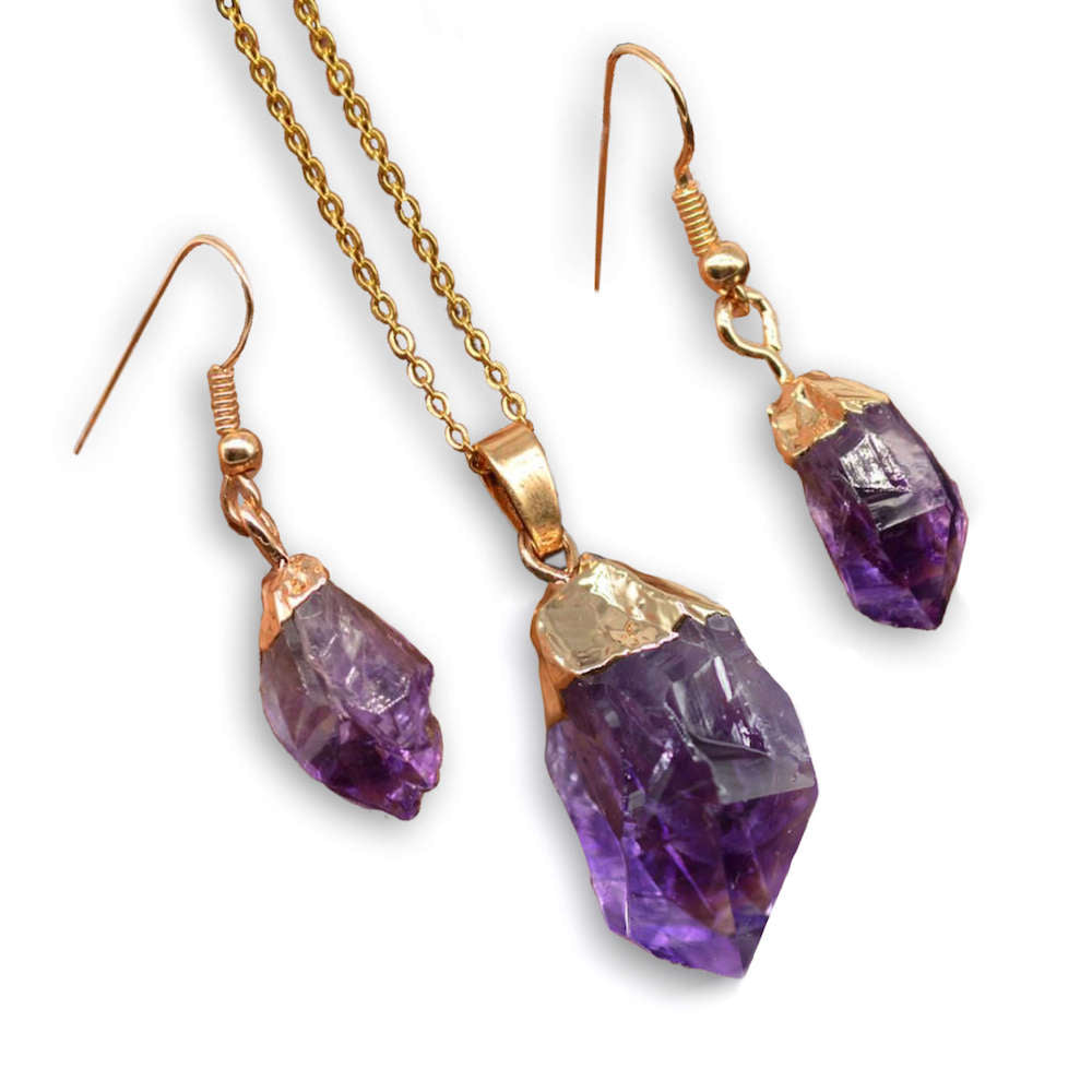 Natural Raw Amethyst Dangling Earrings, Gold Dipped Amethyst Set with ...