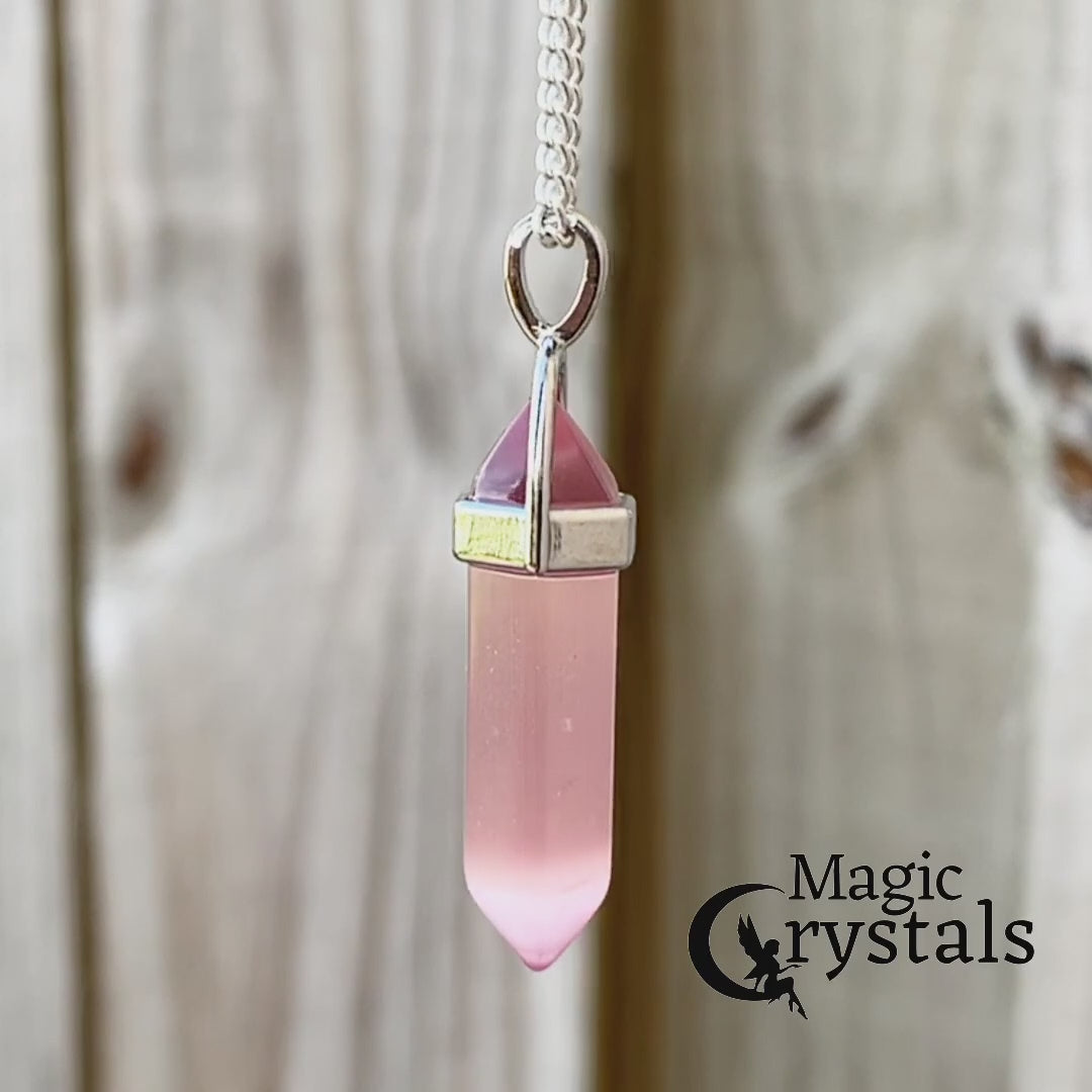Double Point Gemstone Necklace - Pink Cat Eye. Looking for a handmade Crystal Jewelry? Find genuine Double Point Gemstone Necklace when you shop at Magic Crystals. Crystal necklace, for mens and women. Gemstone Point, Healing Crystal Necklace, Layering Necklace, Gemstone Appeal Natural Healing Pendant Necklace. Collar de piedra natural unisex.