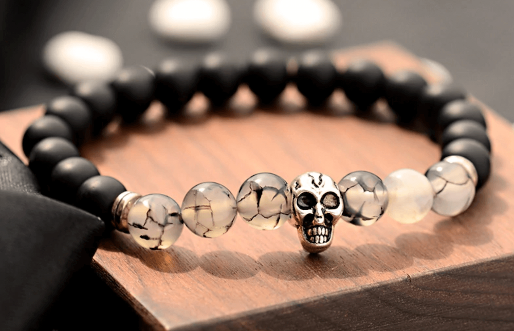 Black Onyx Stone & Black Tourmalinated quartz Gemstone Skull Bracelet - Magic Crystals - Skull Bracelet -Unisex Black onyx bracelet