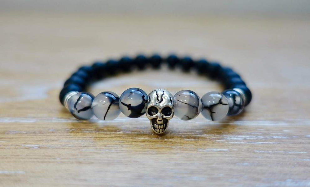 Black Onyx Stone & Black Tourmalinated quartz Gemstone Skull Bracelet ...